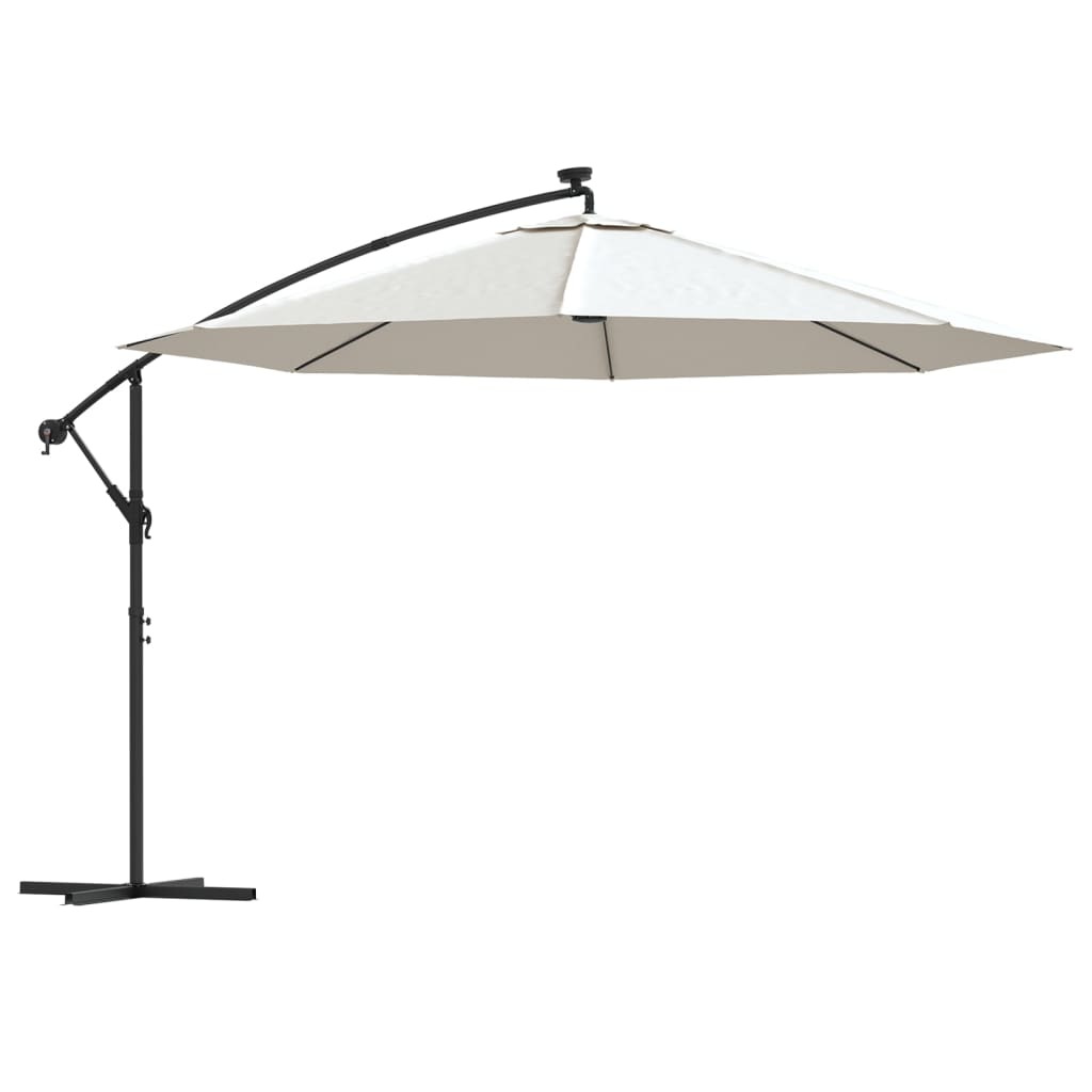 Hengende hageparasoll med LED-lys og metallstang 350 cm sand