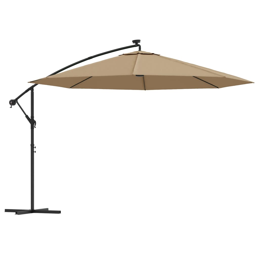 Hengende hageparasoll med LED-lys og metallstang 350 cm gråbrun
