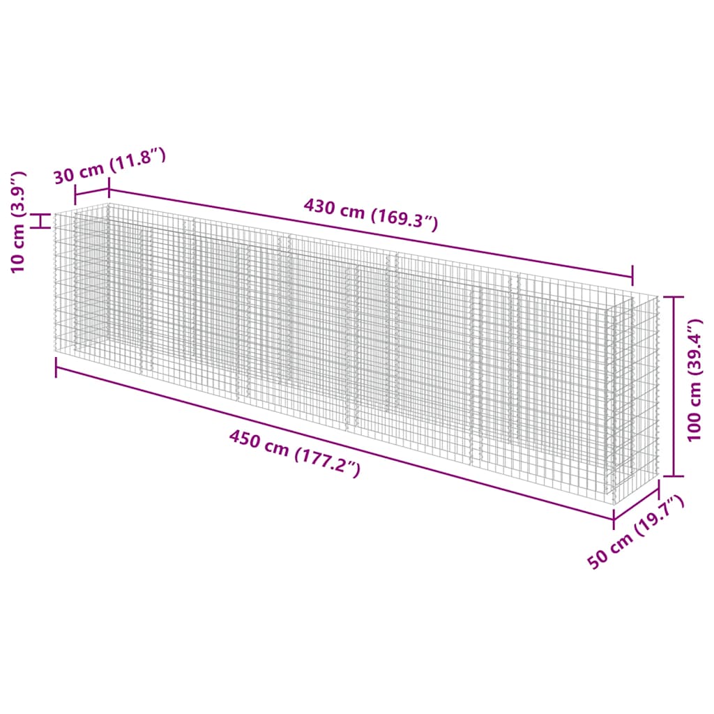 Gabion høybed galvanisert stål 450x50x100 cm