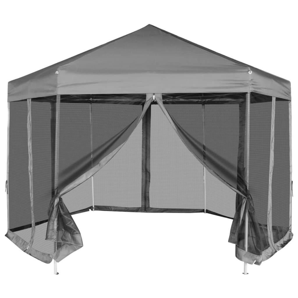 Heksagonalt pop-up partytelt med 6 sidevegger grå 3,6x3,1 m