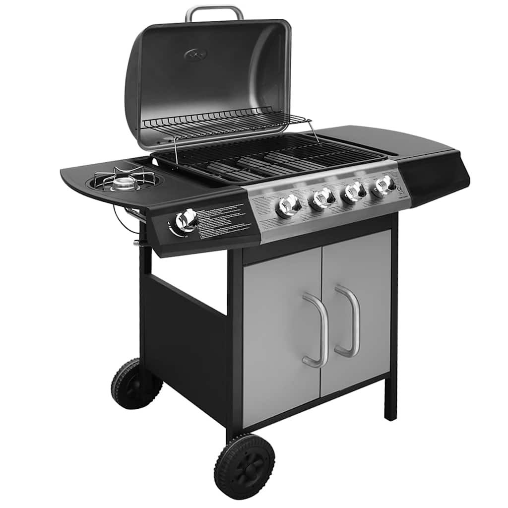 Gassgrill 4+1 kokesone svart og sølv
