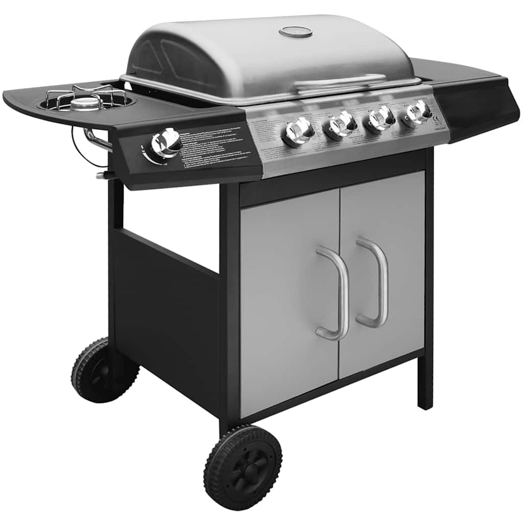 Gassgrill 4+1 kokesone svart og sølv