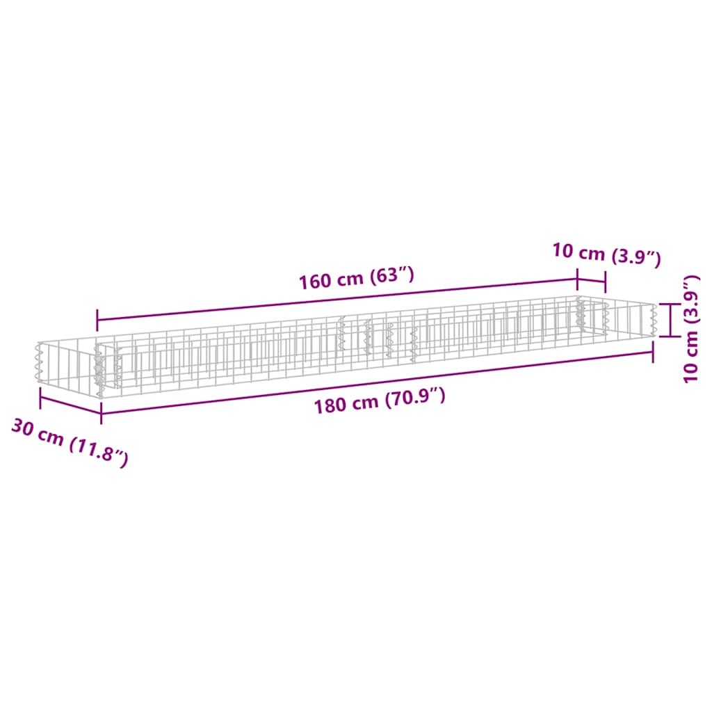 Gabion høybed galvanisert stål 180x30x10 cm