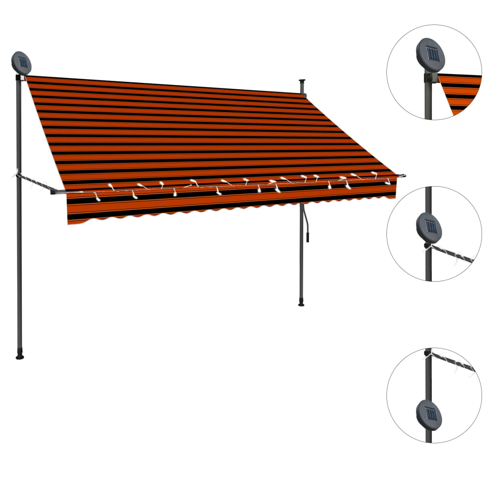 Manuell uttrekkbar markise med LED 250 cm oransje og brun