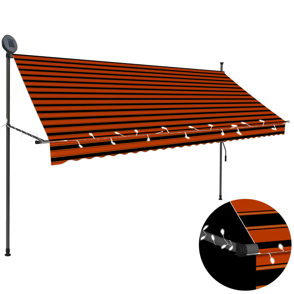 Manuell uttrekkbar markise med LED 300 cm oransje og brun