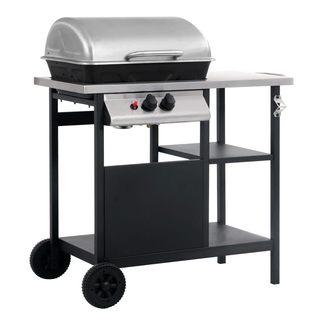 Gassgrill med sidebord i 3 etasjer svart og sølv