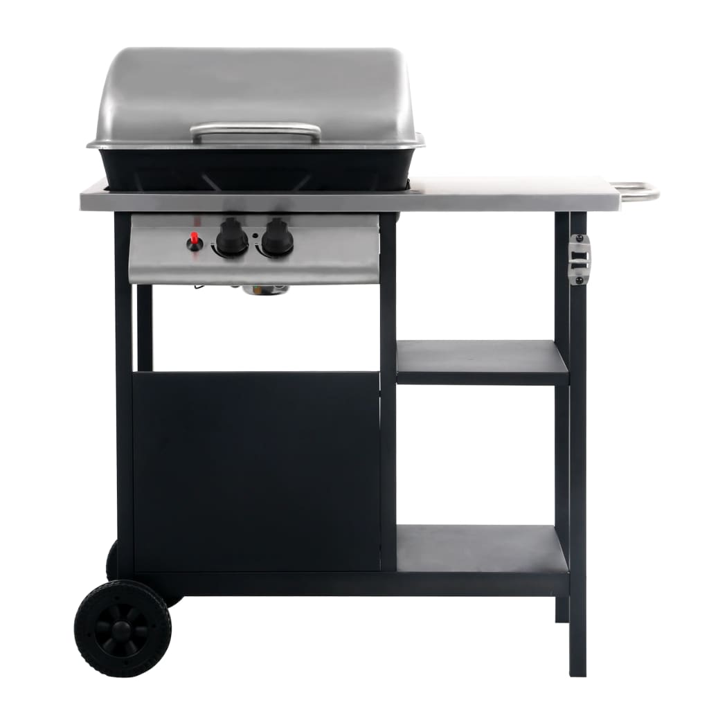 Gassgrill med sidebord i 3 etasjer svart og sølv