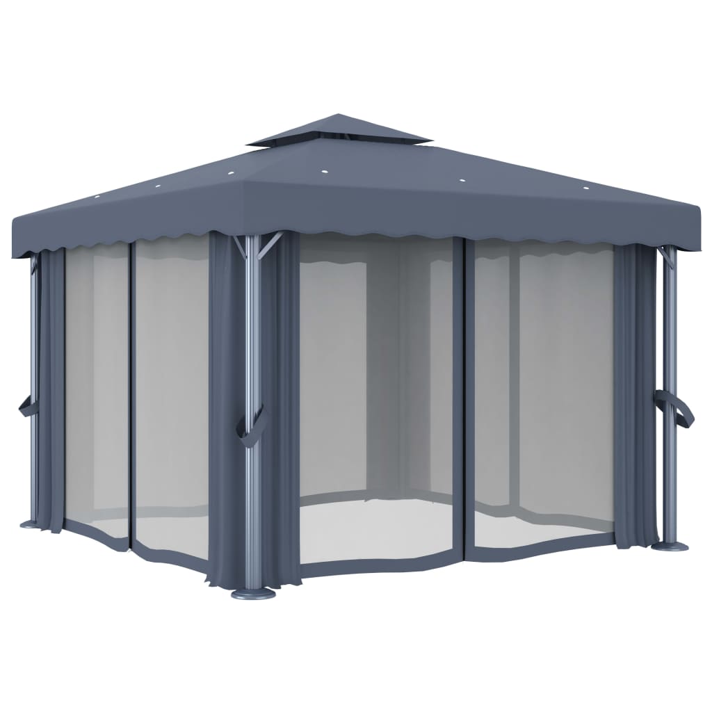 Paviljong med gardin 3x3 m antrasitt aluminium
