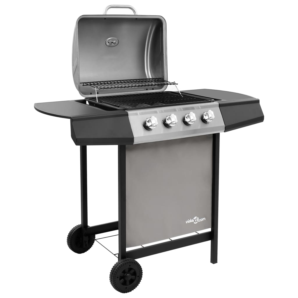 Gassgrill med 4 brennere svart og sølv