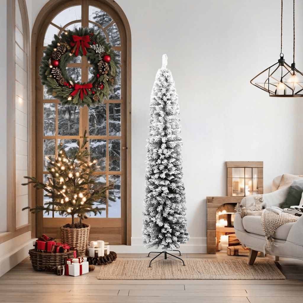 Slankt kunstig juletre med flokket snø grønn 180 cm PVC