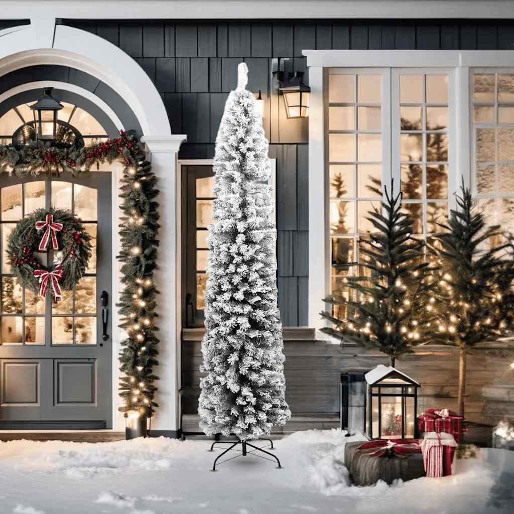 Slankt kunstig juletre med flokket snø grønn 210 cm PVC