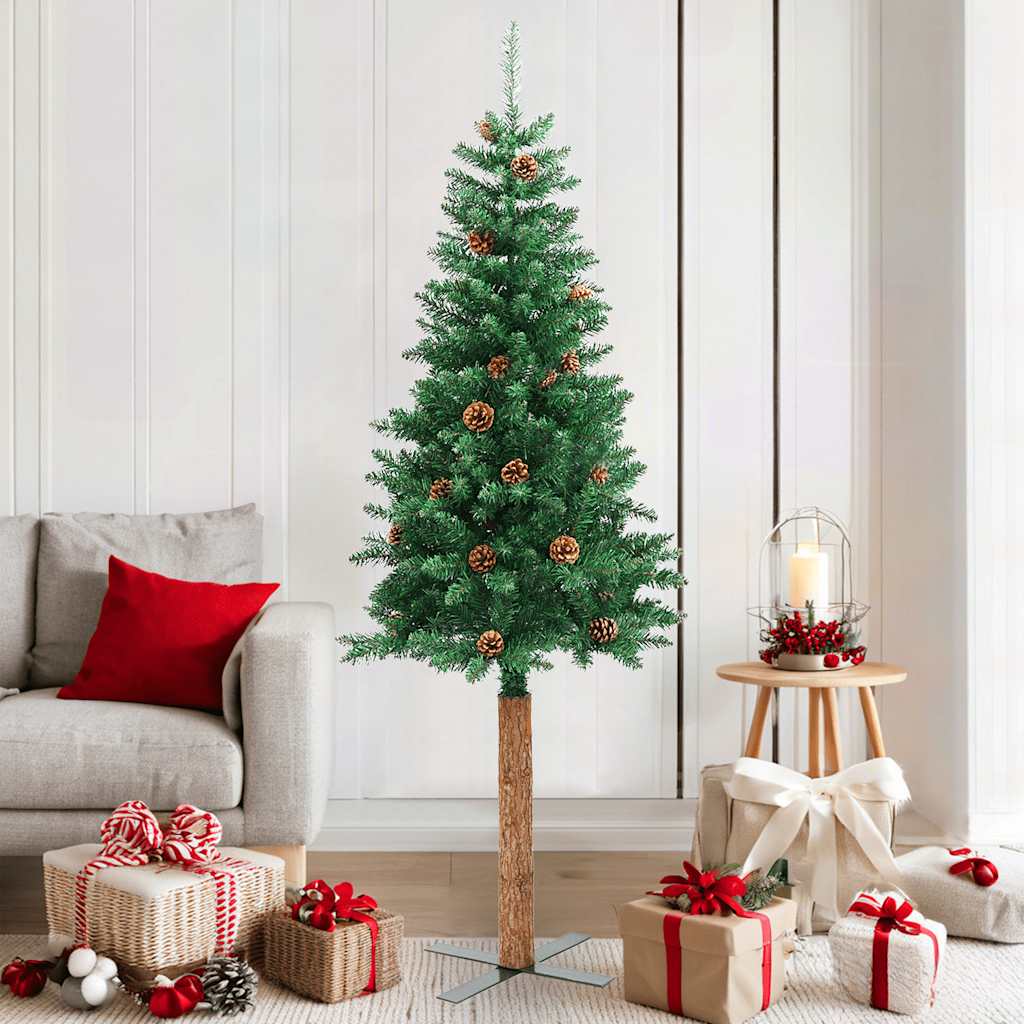 Slankt juletre med ekte tre og furukongler grønn 180 cm PVC