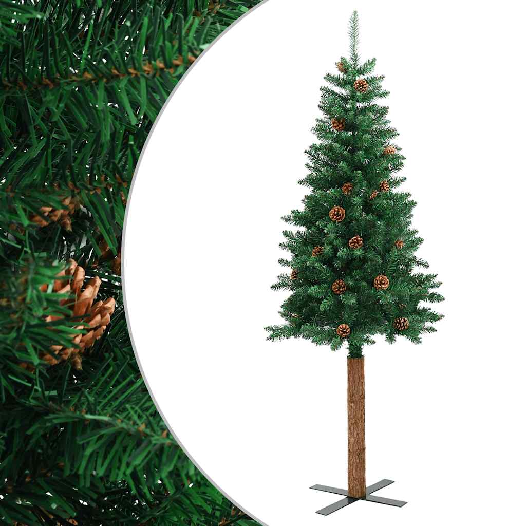 Slankt juletre med ekte tre og furukongler grønn 210 cm PVC