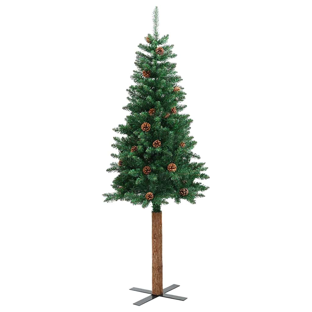 Slankt juletre med ekte tre og furukongler grønn 210 cm PVC