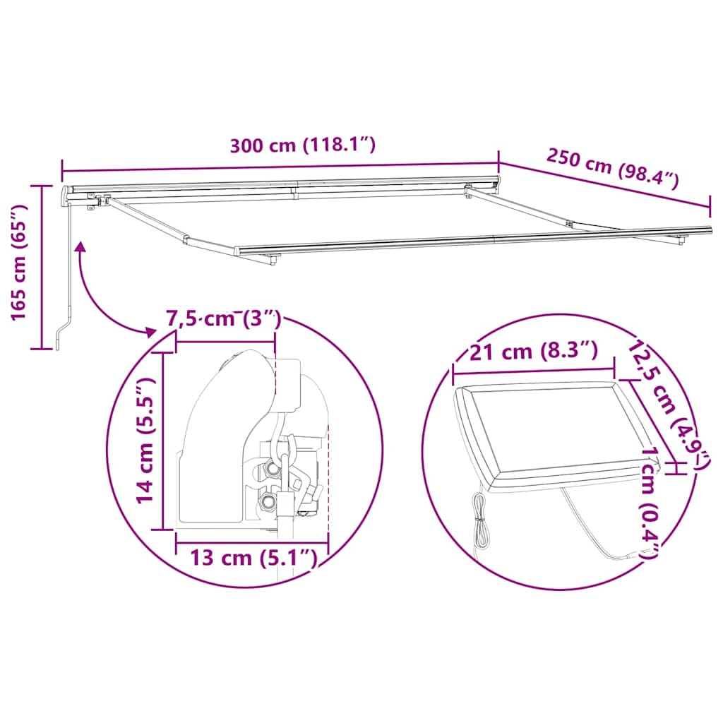 Markise med Manual Hvit 3 x 2,5 m Metall