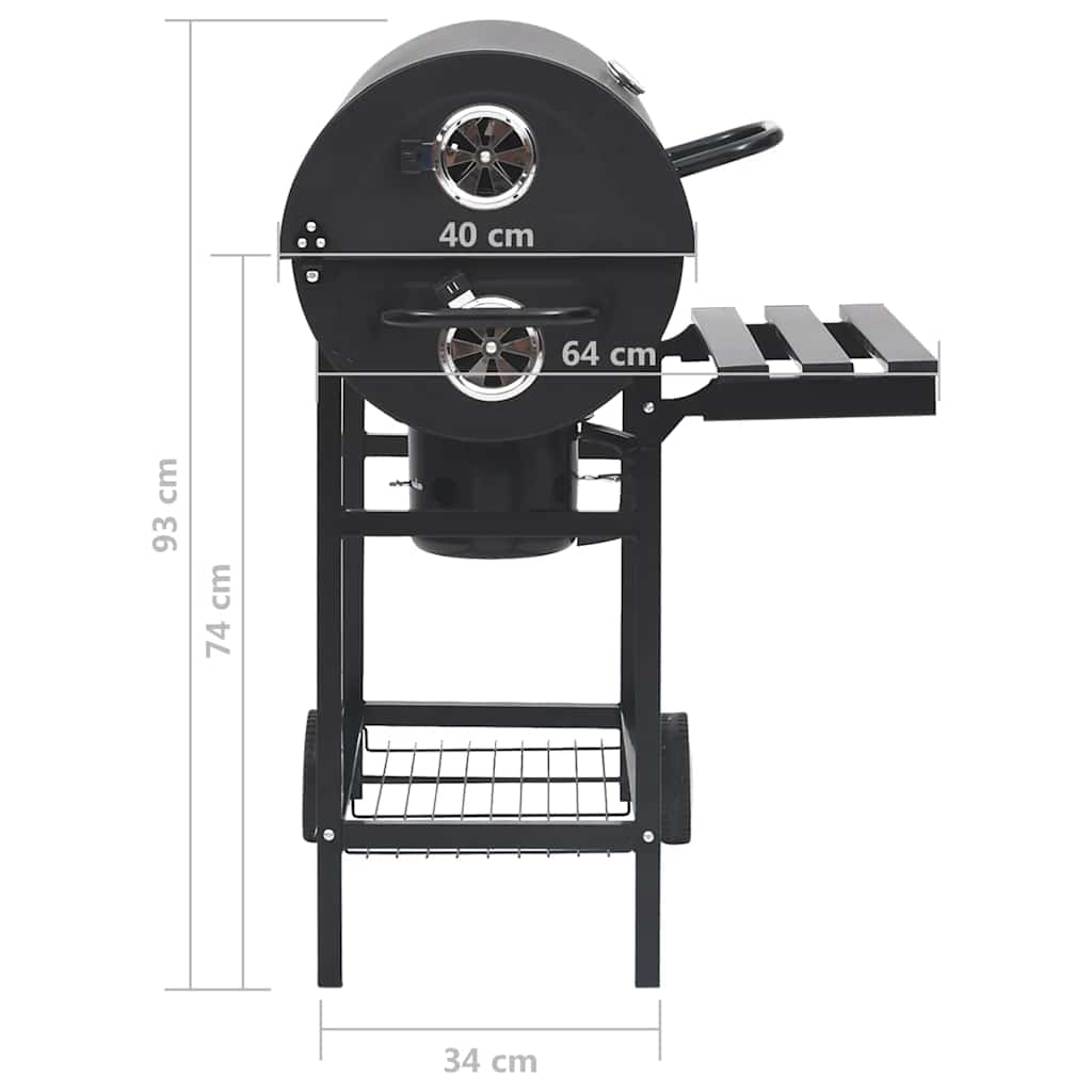 Tønnegrill med hjul og hyller svart stål 115x85x95 cm