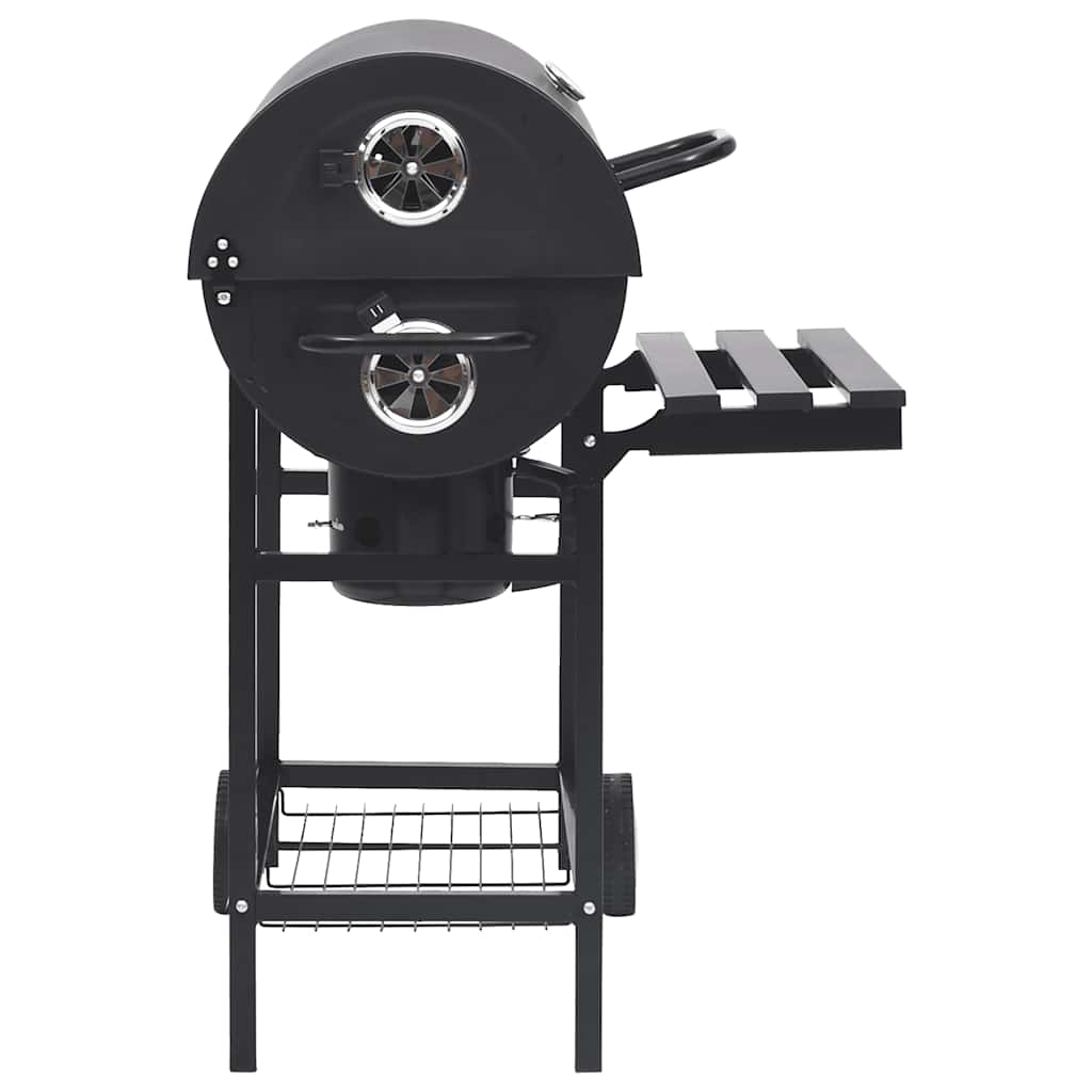 Tønnegrill med hjul og hyller svart stål 115x85x95 cm