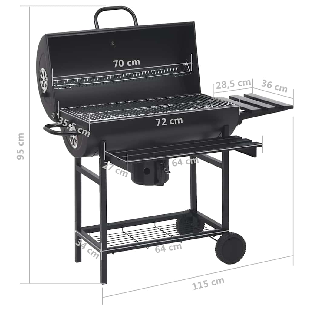 Tønnegrill med hjul og hyller svart stål 115x85x95 cm