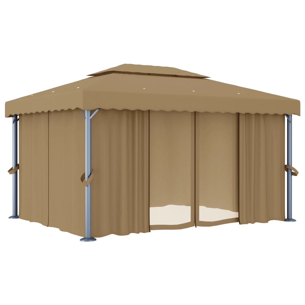 Paviljong med gardin 4x3 m gråbrun aluminium