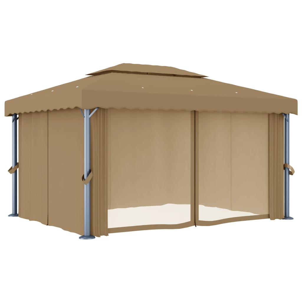 Paviljong med gardin 4x3 m gråbrun aluminium