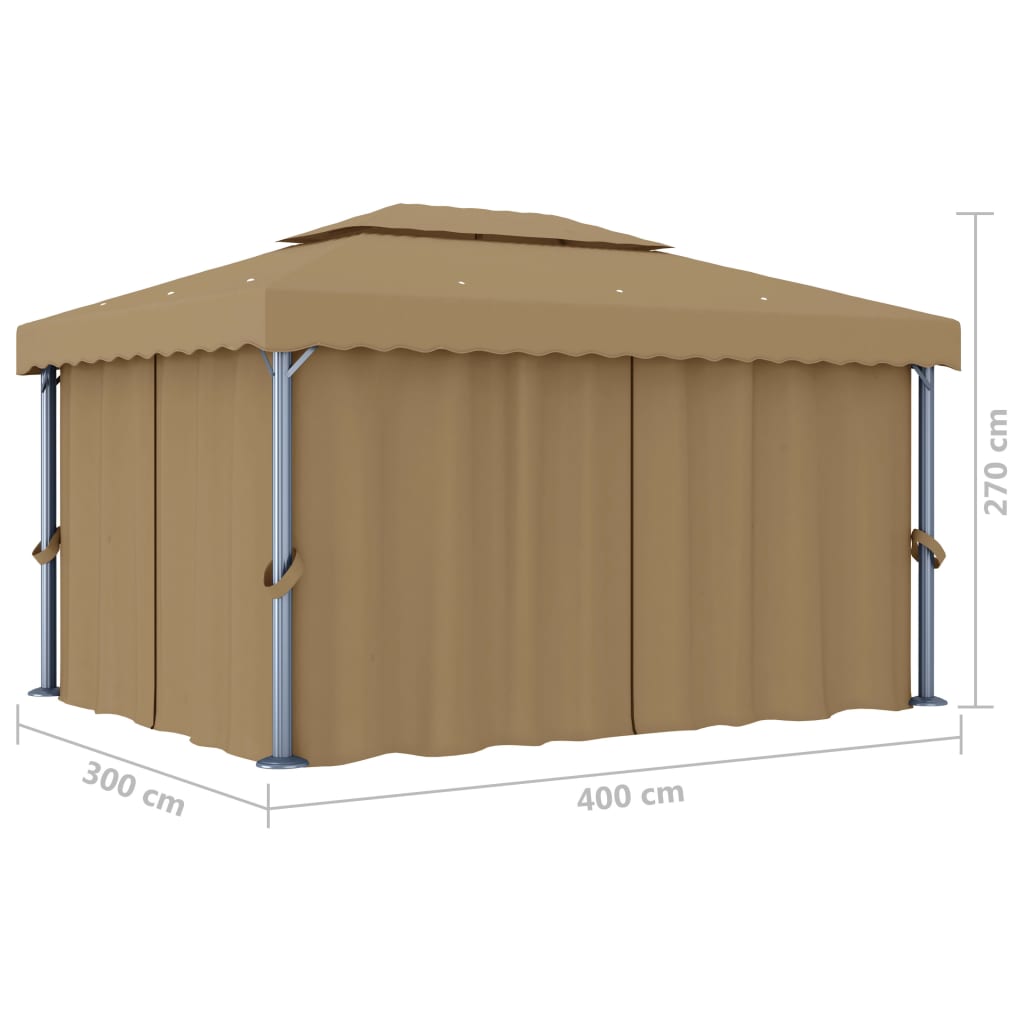 Paviljong med gardin 4x3 m gråbrun aluminium