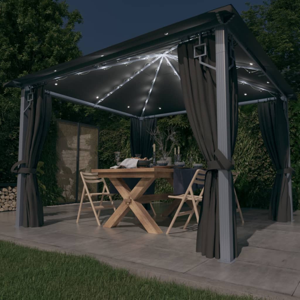 Paviljong med gardin og LED-strenglys 3x3 m antrasitt aluminium