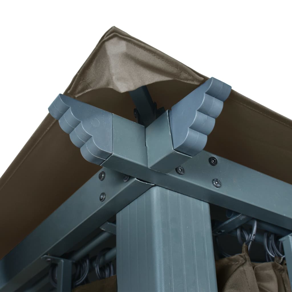 Paviljong med gardin og LED-strenglys 4x3 m gråbrun aluminium