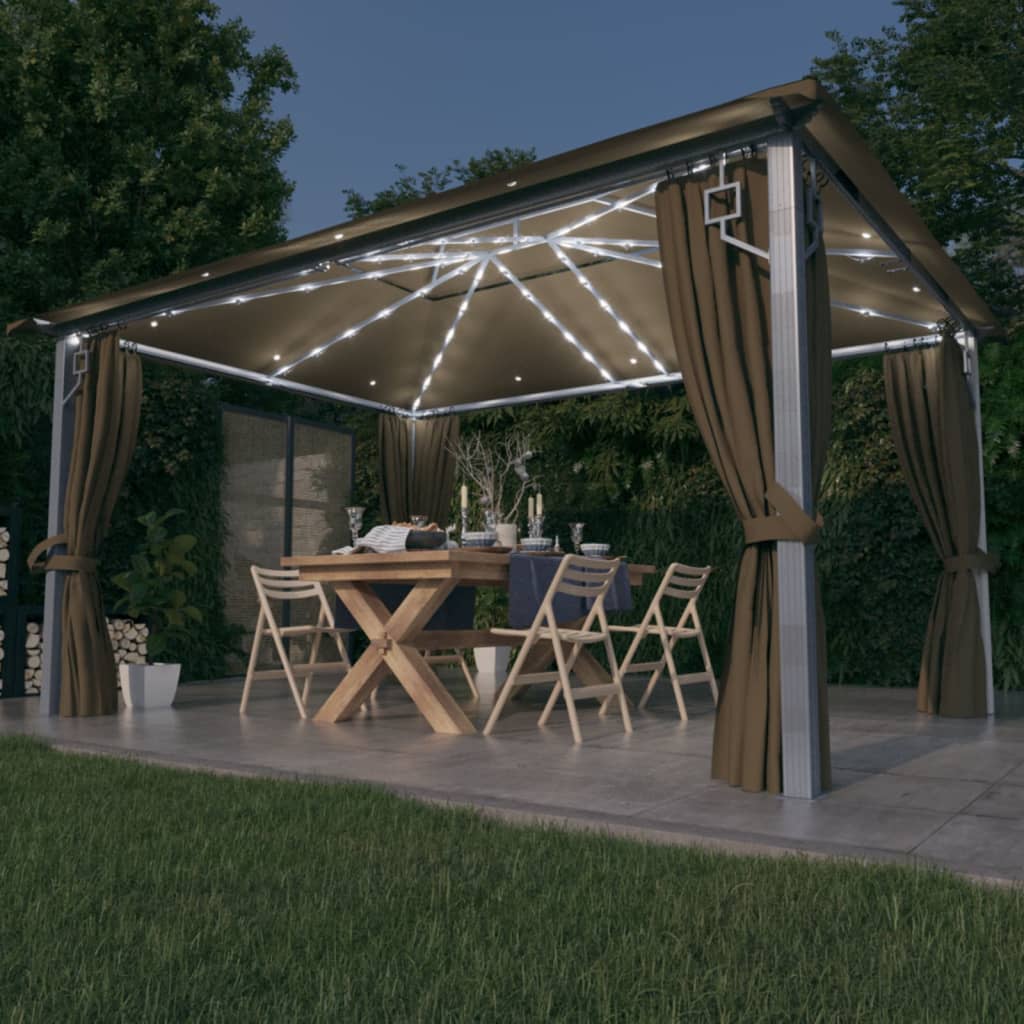 Paviljong med gardin og LED-strenglys 4x3 m gråbrun aluminium