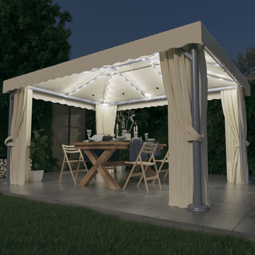 Paviljong med gardin og LED-strenglys 4x3 m kremhvit
