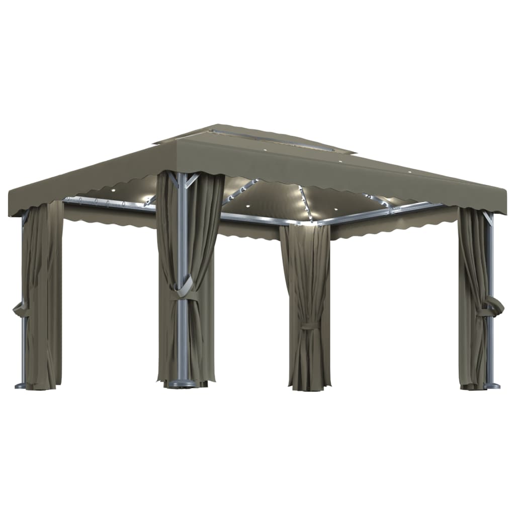 Paviljong med gardin og LED-strenglys 4x3 m gråbrun