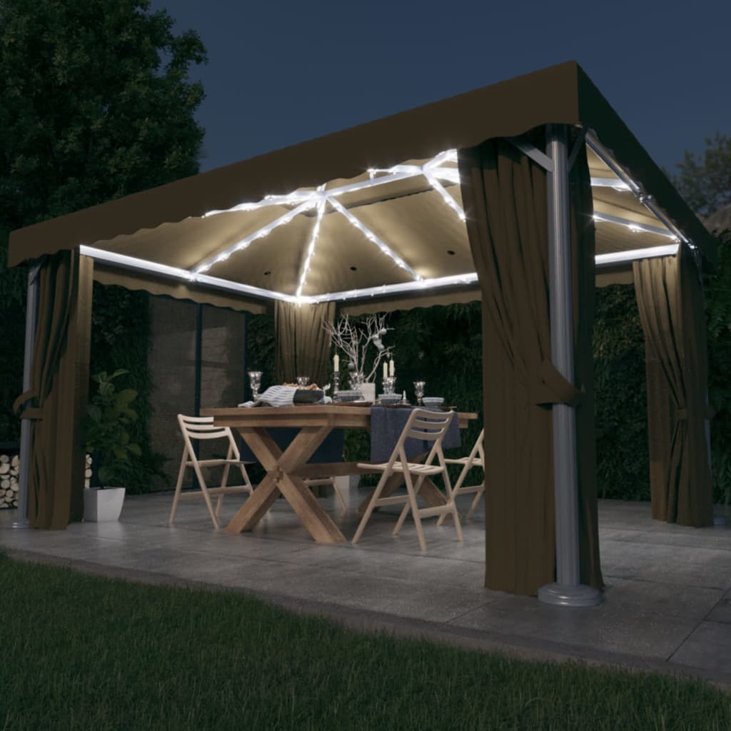 Paviljong med gardin og LED-strenglys 4x3 m gråbrun