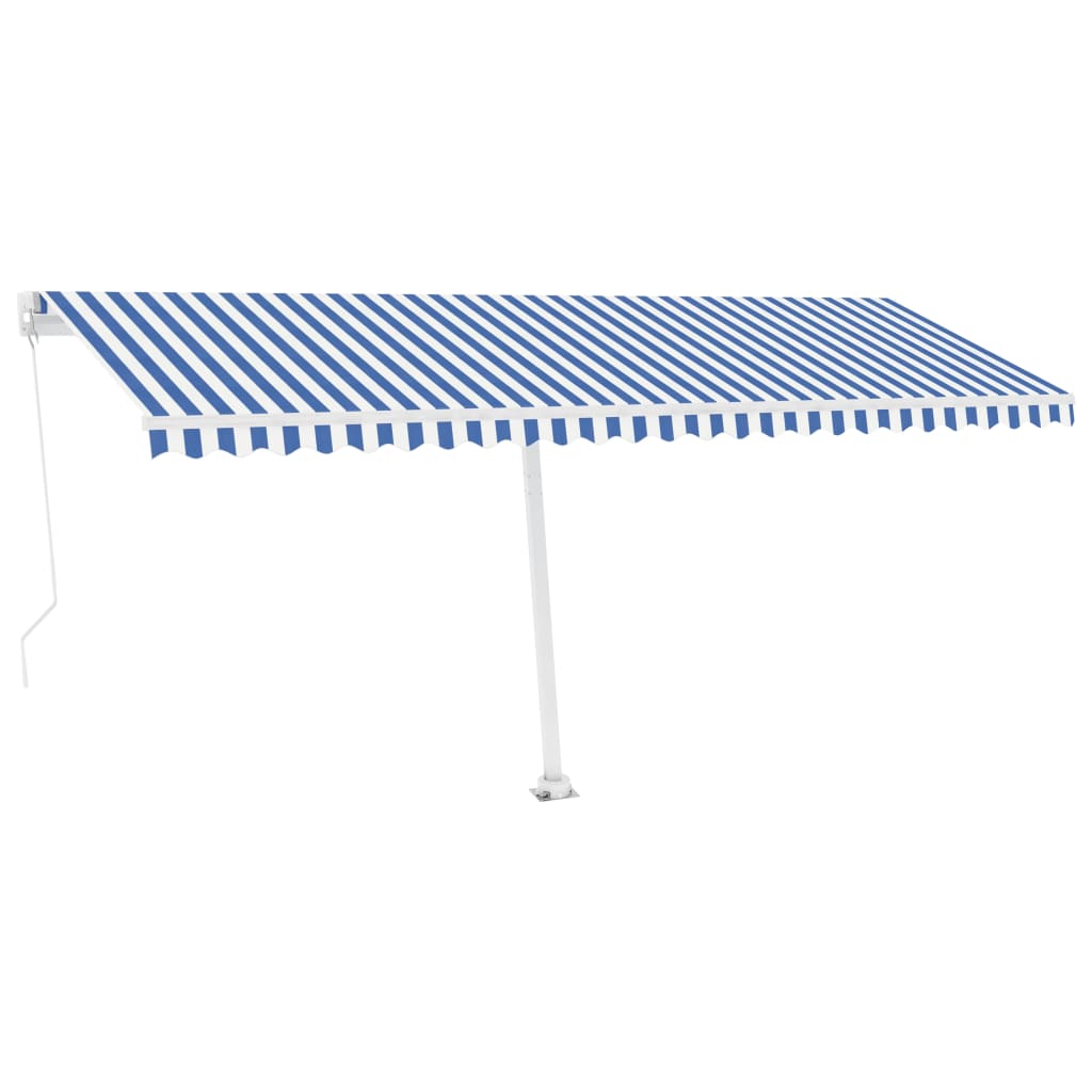 Frittstående manuell uttrekkbar markise 500x300 cm blå og hvit