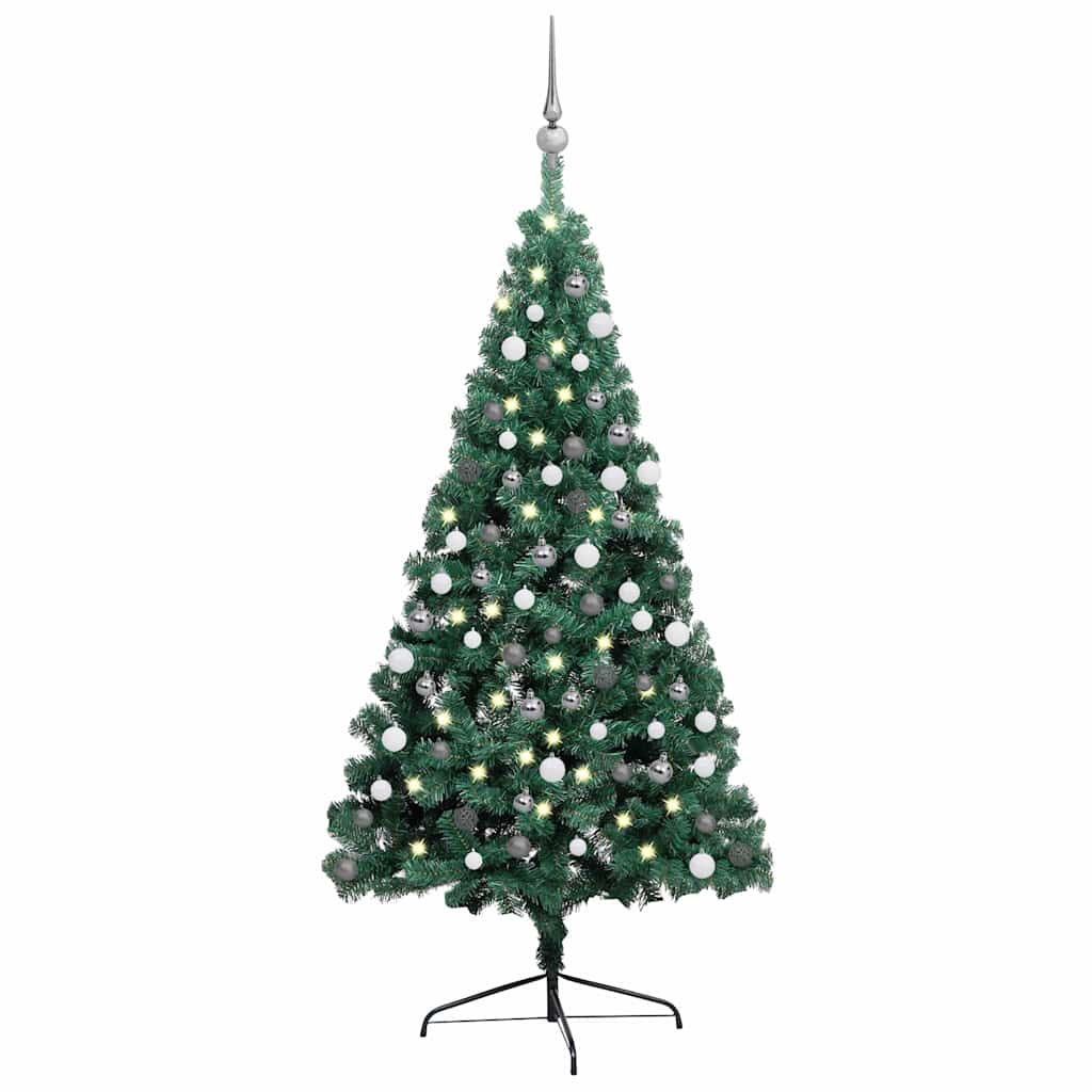 Forhåndsbelyst kunstig halvt juletre med kulesett grønn 120 cm
