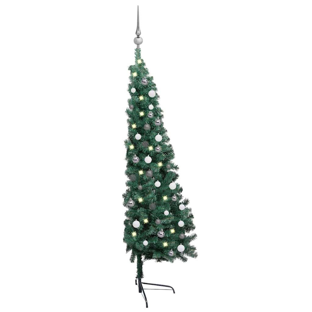 Forhåndsbelyst kunstig halvt juletre med kulesett grønn 150 cm