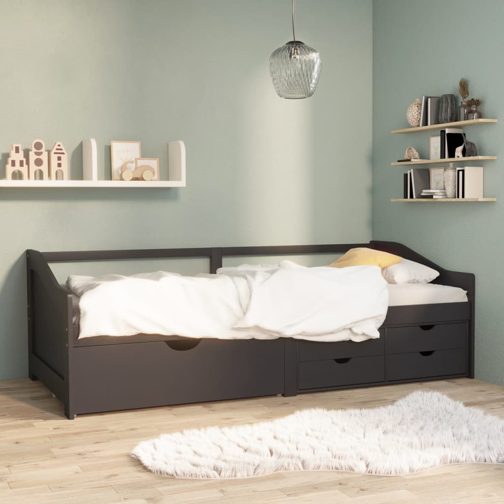 Sengeramme 3 seter med skuffer heltre furu 90x200 cm grå
