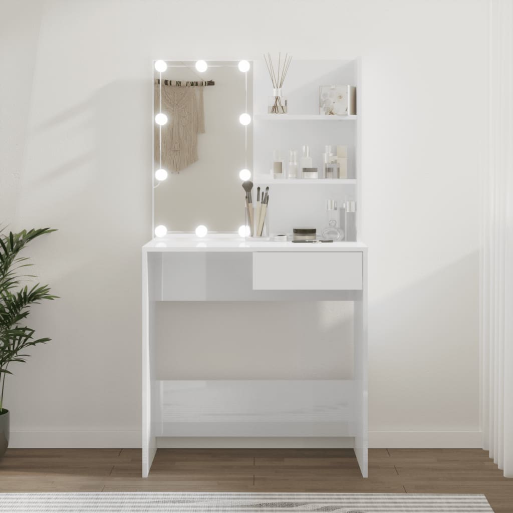 Sminkebord med LED høyglans hvit 74,5x40x141 cm