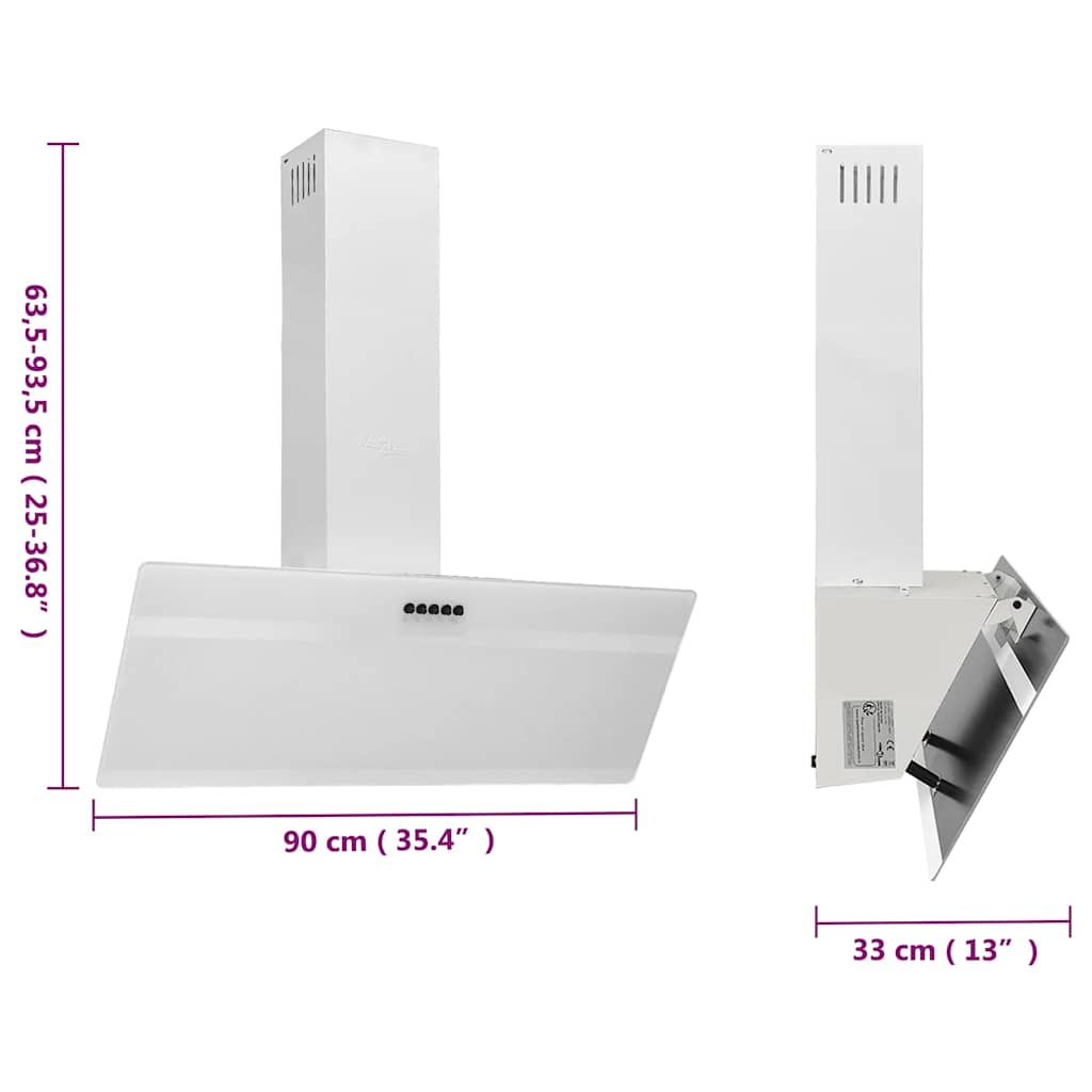 Vegghengt kjøkkenvifte 90 cm stål og herdet glass hvit