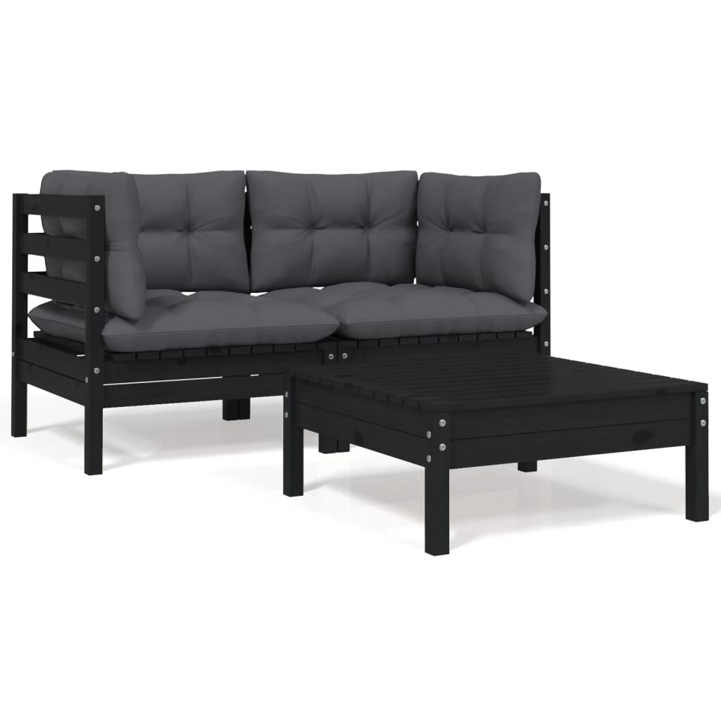 Hagesofagruppe med puter 3 deler svart heltre furu