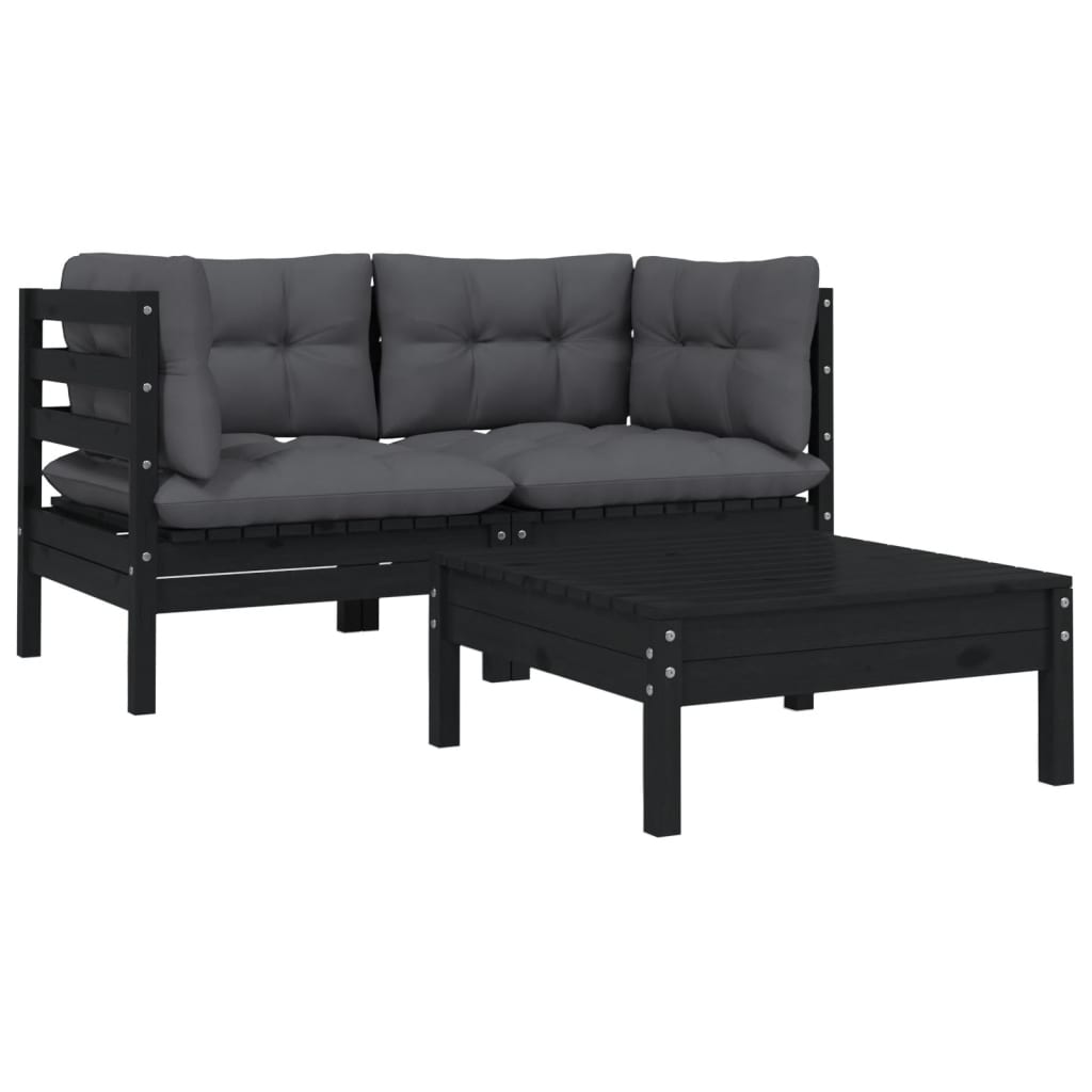 Hagesofagruppe med puter 3 deler svart heltre furu