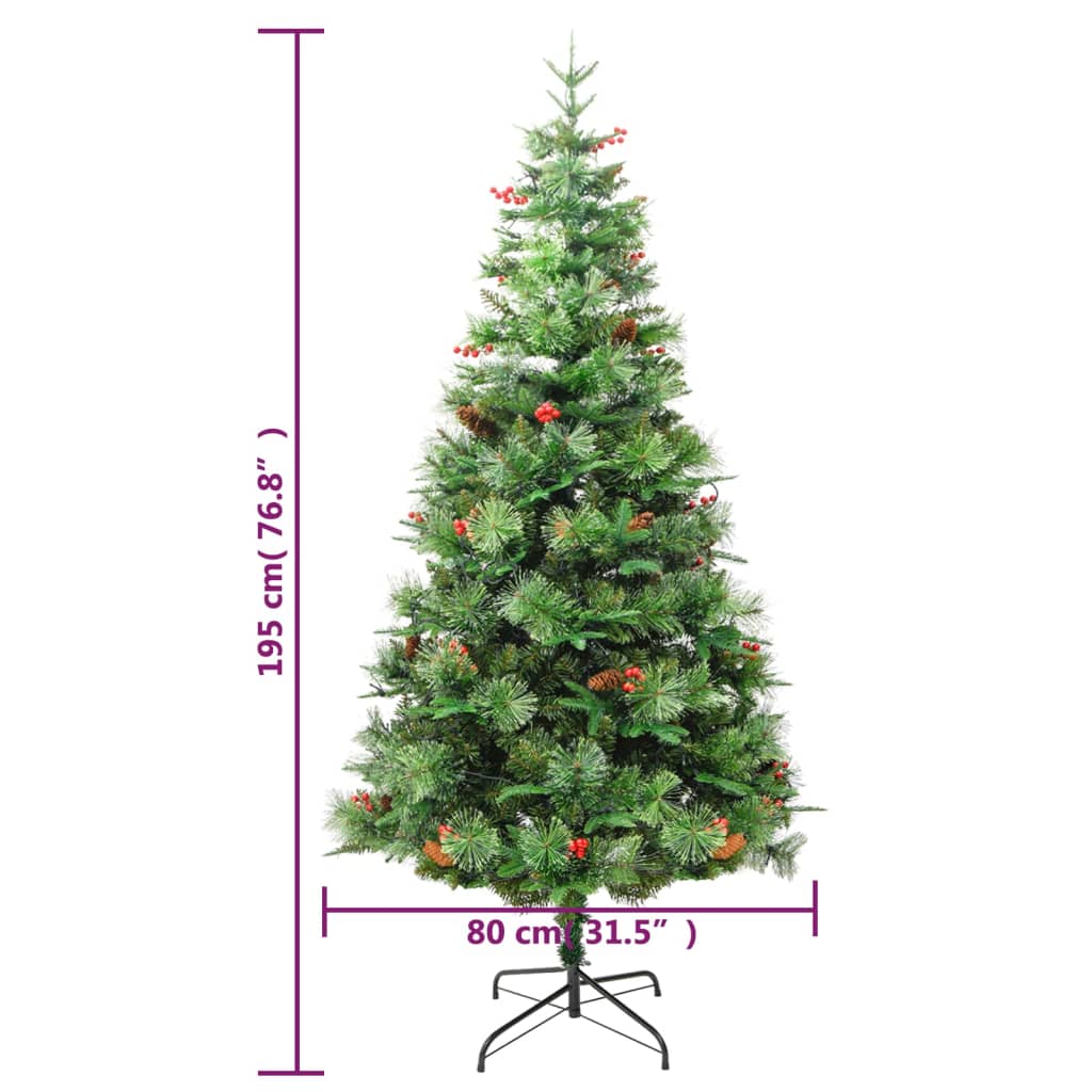 Forhåndsbelyst juletre med kongler grønn 195 cm PVC og PE