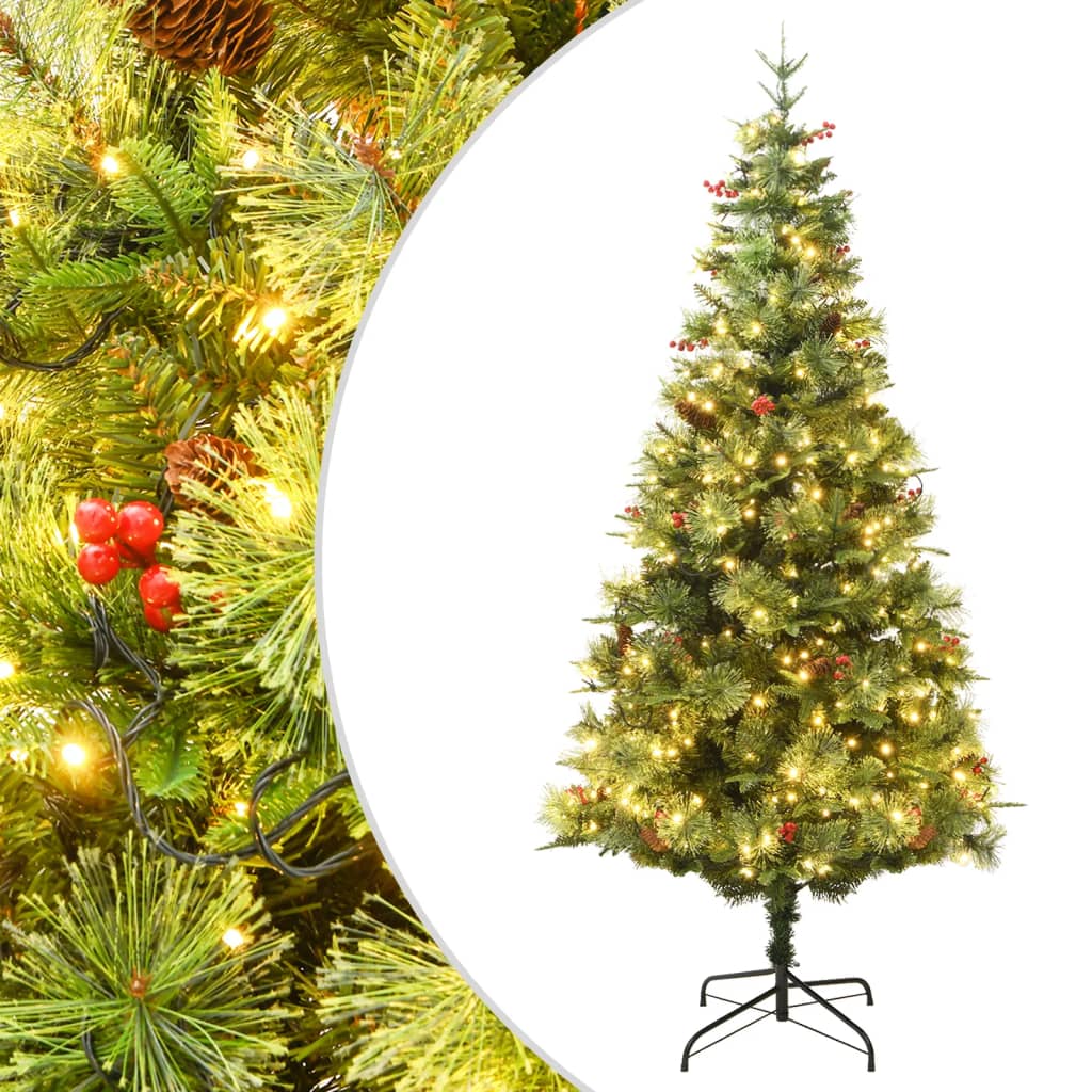 Forhåndsbelyst juletre med kongler grønn 225 cm PVC og PE