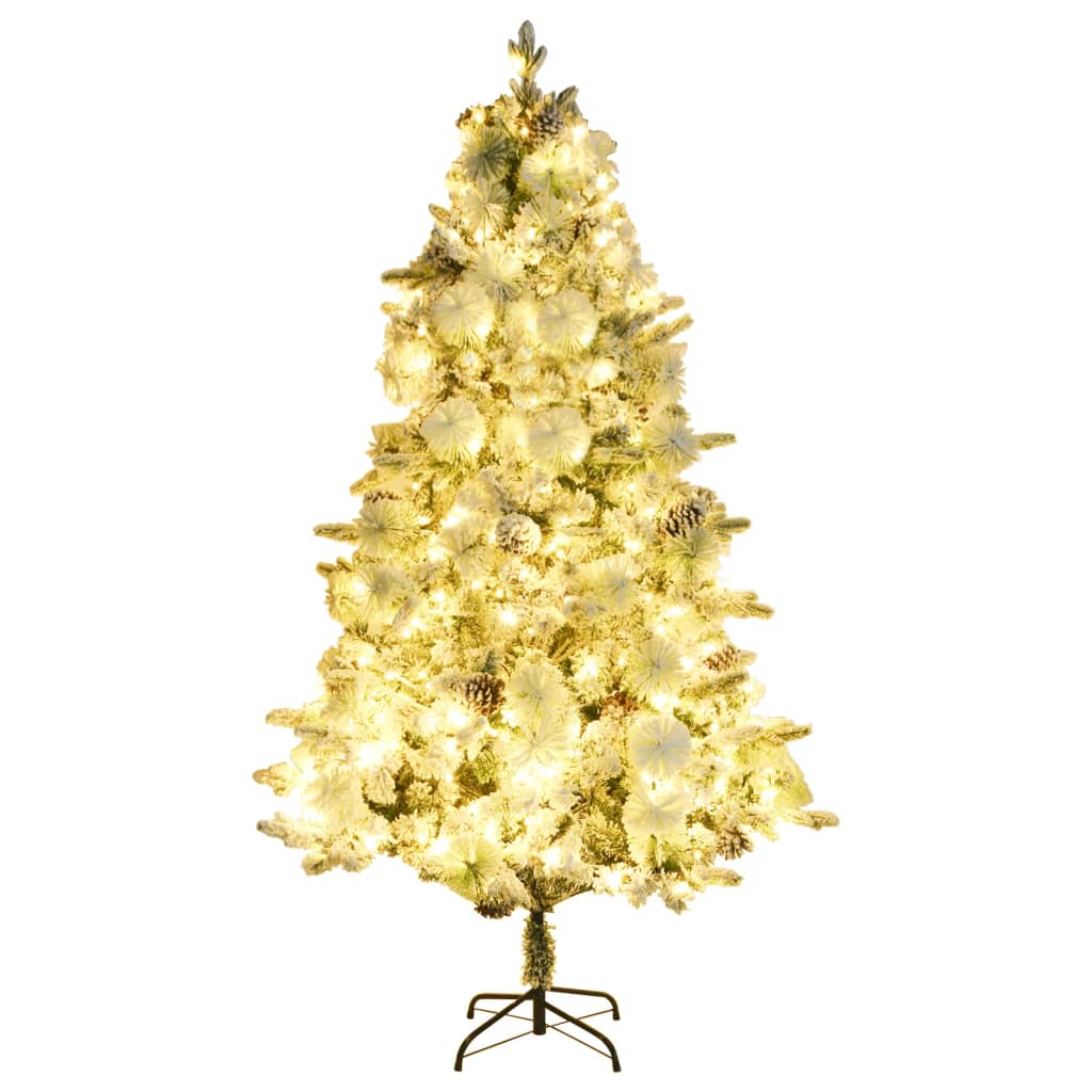 Forhåndsbelyst juletre flokket snø og kongler 195 cm PVC og PE