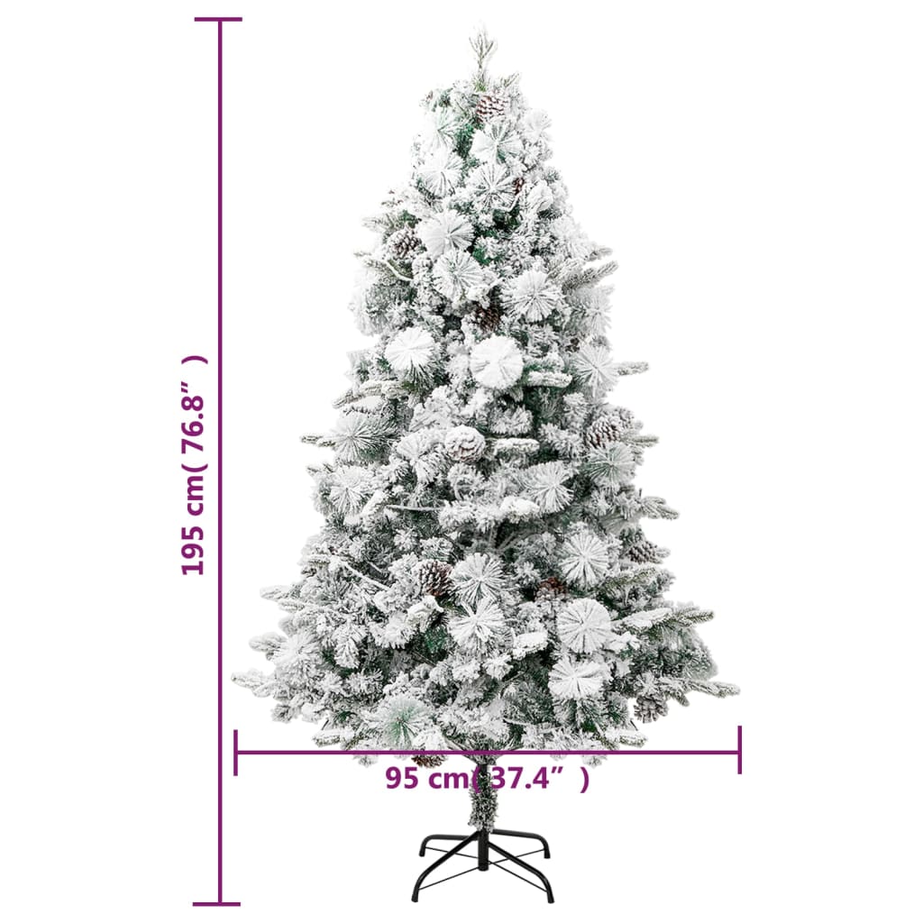 Forhåndsbelyst juletre flokket snø og kongler 195 cm PVC og PE