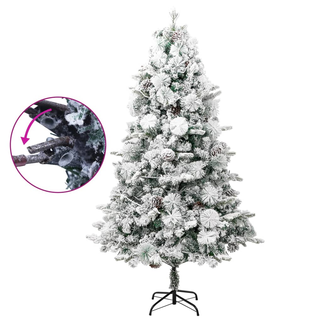 Forhåndsbelyst juletre flokket snø og kongler 195 cm PVC og PE