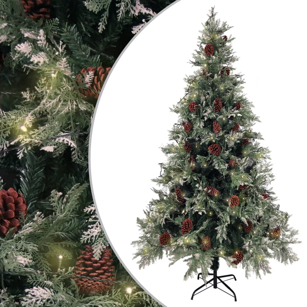 Forhåndsbelyst juletre med kongler grønn og hvit 195 cm PVC PE