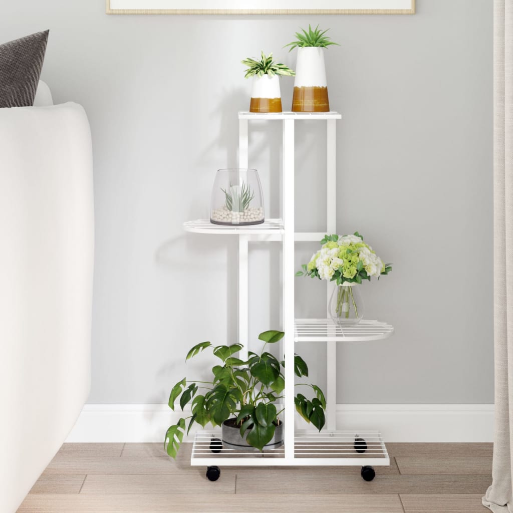 Blomsterstativ med hjul 4 etasjer 44x23x80 cm hvit jern