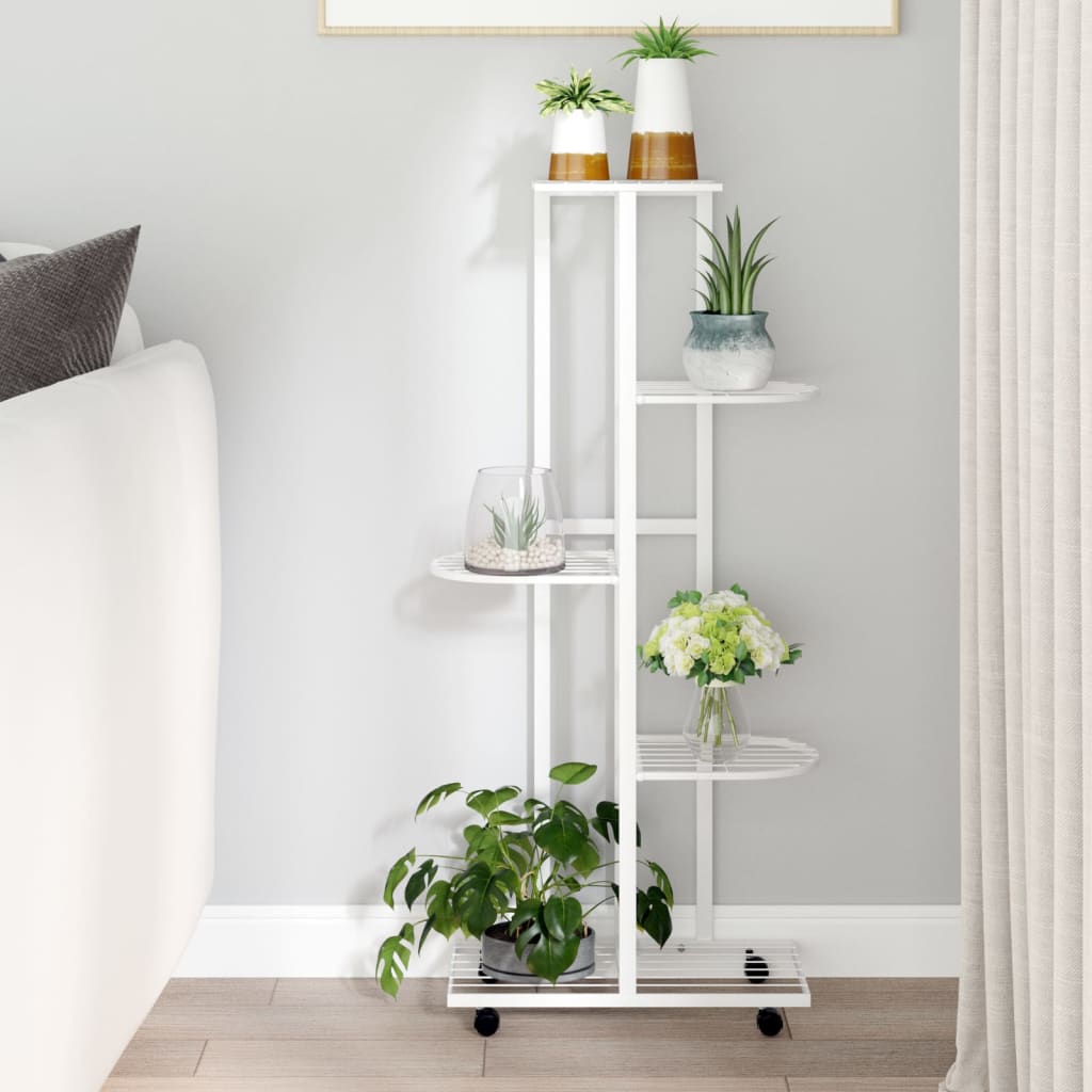 Blomsterstativ med hjul 5 etasjer 44x23x100 cm hvit jern
