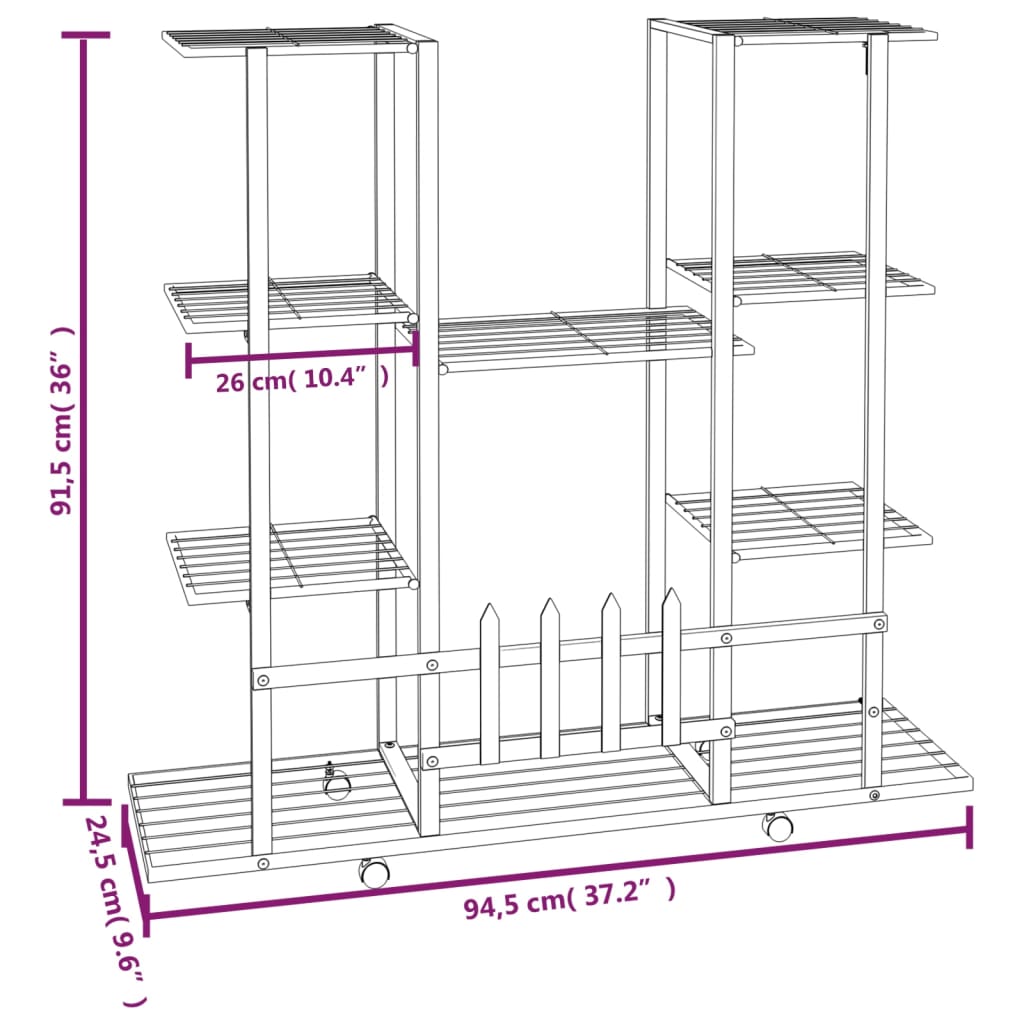 Blomsterstativ med hjul 94,5x24,5x91,5 cm hvit jern