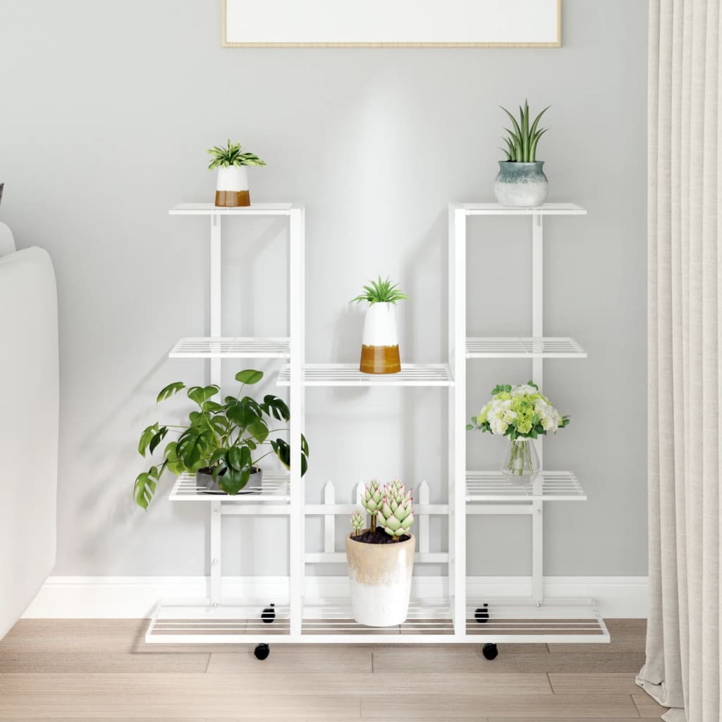 Blomsterstativ med hjul 94,5x24,5x91,5 cm hvit jern