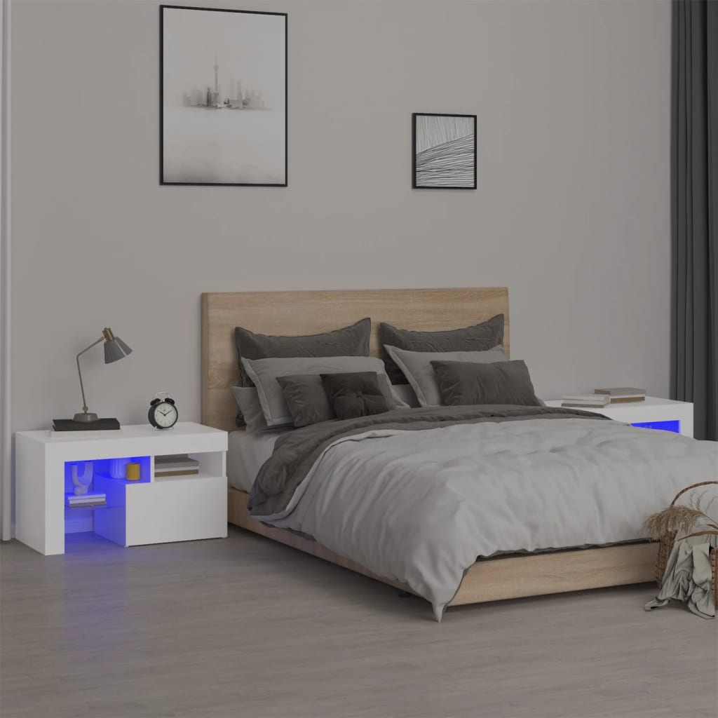 Nattbord 2 stk med LED hvit 70x36,5x40 cm